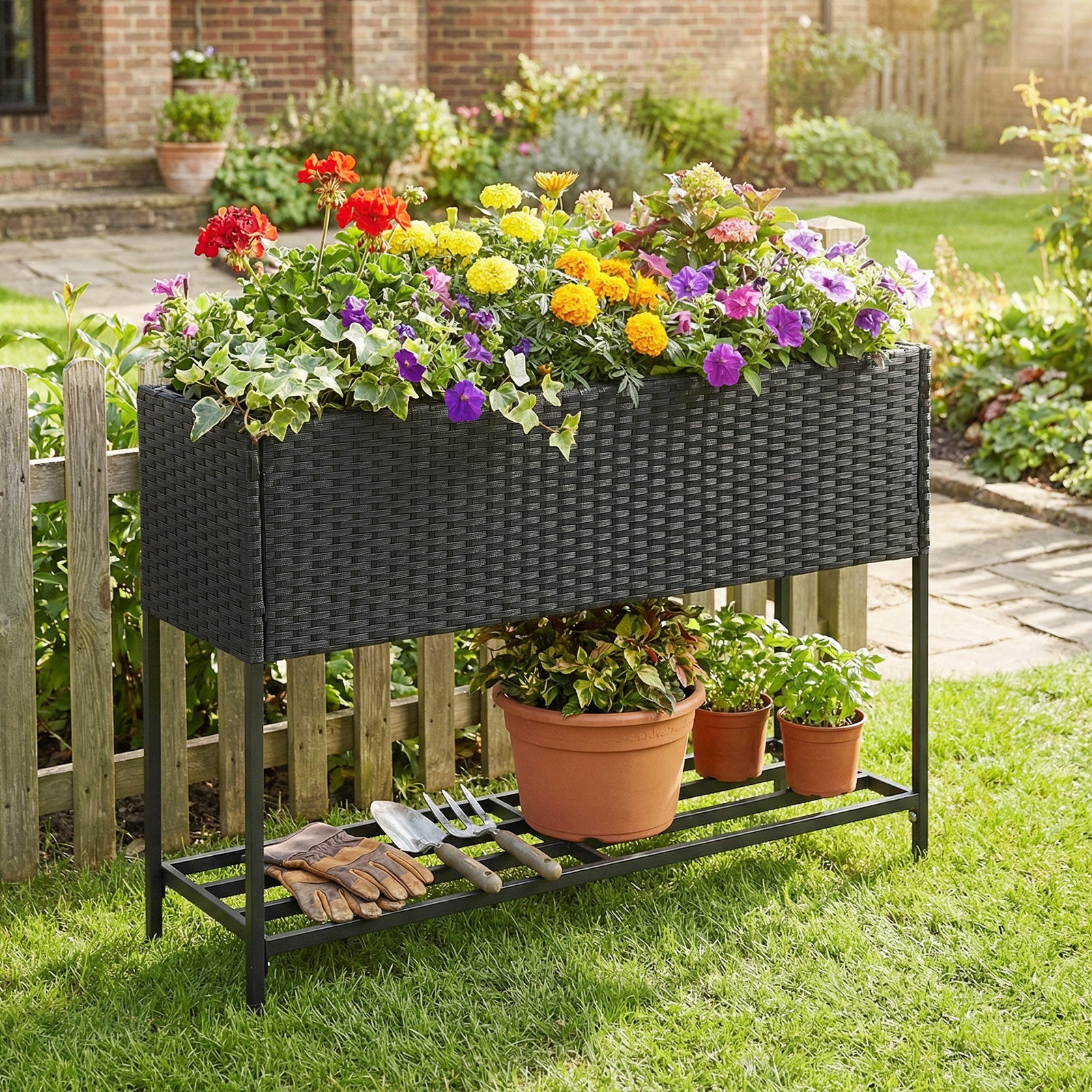 Black wicker raised garden bed with storage shelf and removable liner, suitable for outdoor gardening and easy to maintain.