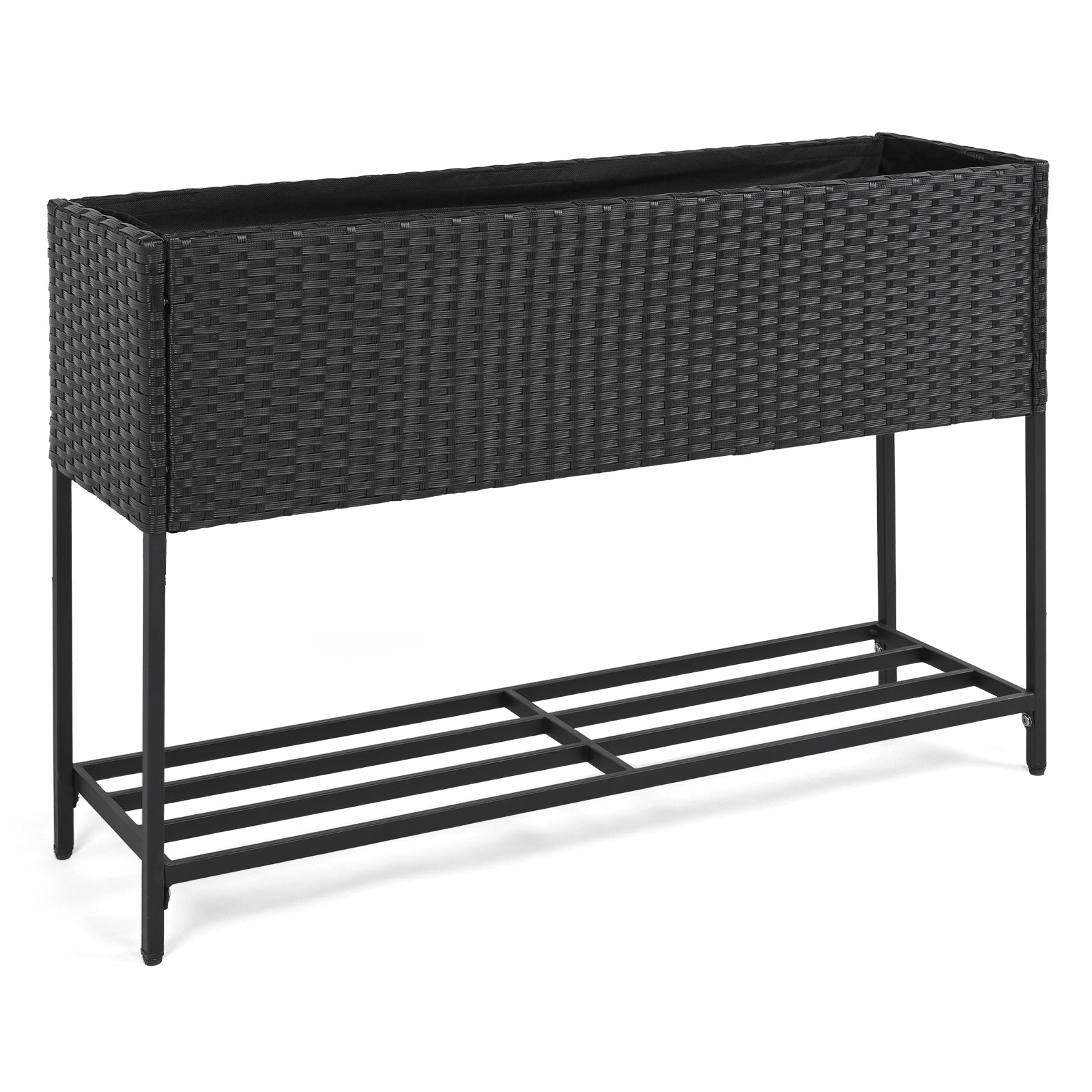 Black wicker raised garden bed with built-in storage shelf, removable liner, outdoor gardening, by Wilsons Home Store