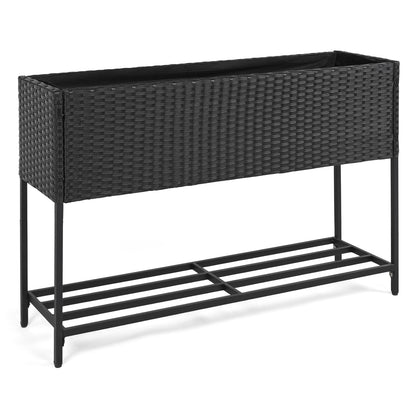 Black wicker raised garden bed with built-in storage shelf, removable liner, outdoor gardening, by Wilsons Home Store