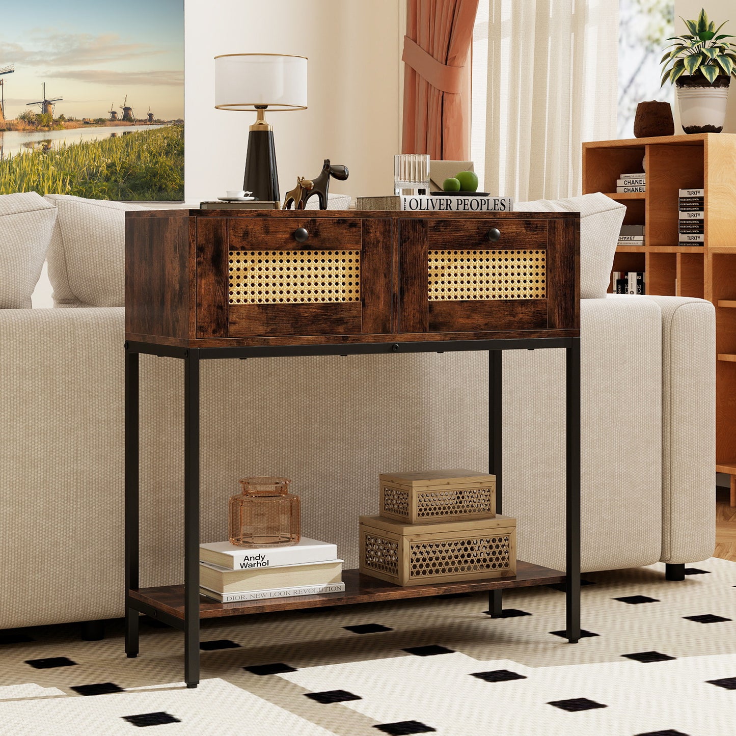 Rattan Console Table Boho Entryway Table with 2 Rattan Drawers and Open Storage Shelf-Black