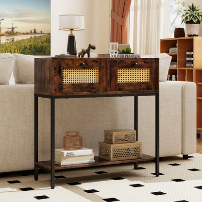Rattan Console Table Boho Entryway Table with 2 Rattan Drawers and Open Storage Shelf-Black