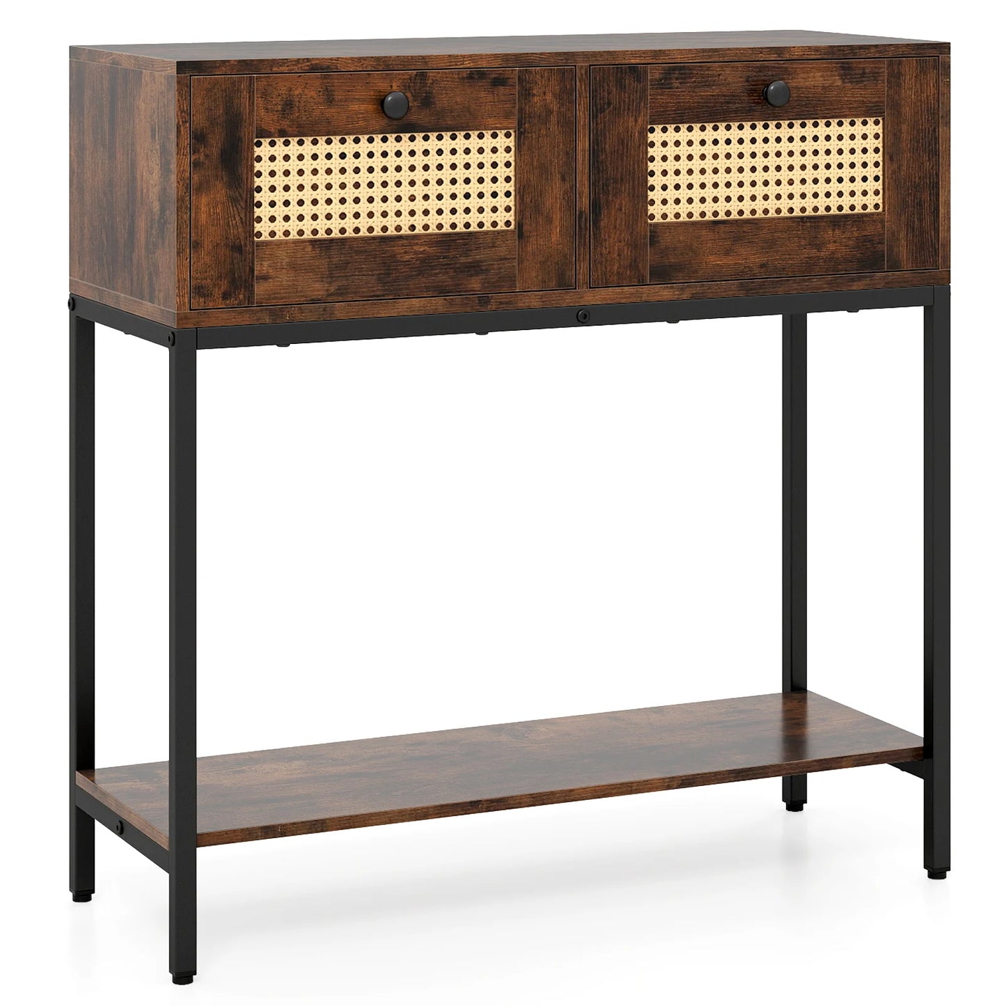 Rattan Console Table Boho Entryway Table with 2 Rattan Drawers and Open Storage Shelf-Black