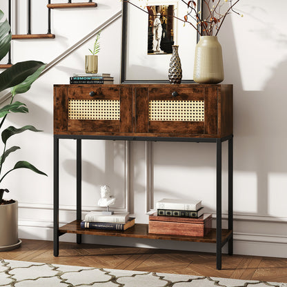 Rattan Console Table Boho Entryway Table with 2 Rattan Drawers and Open Storage Shelf-Black