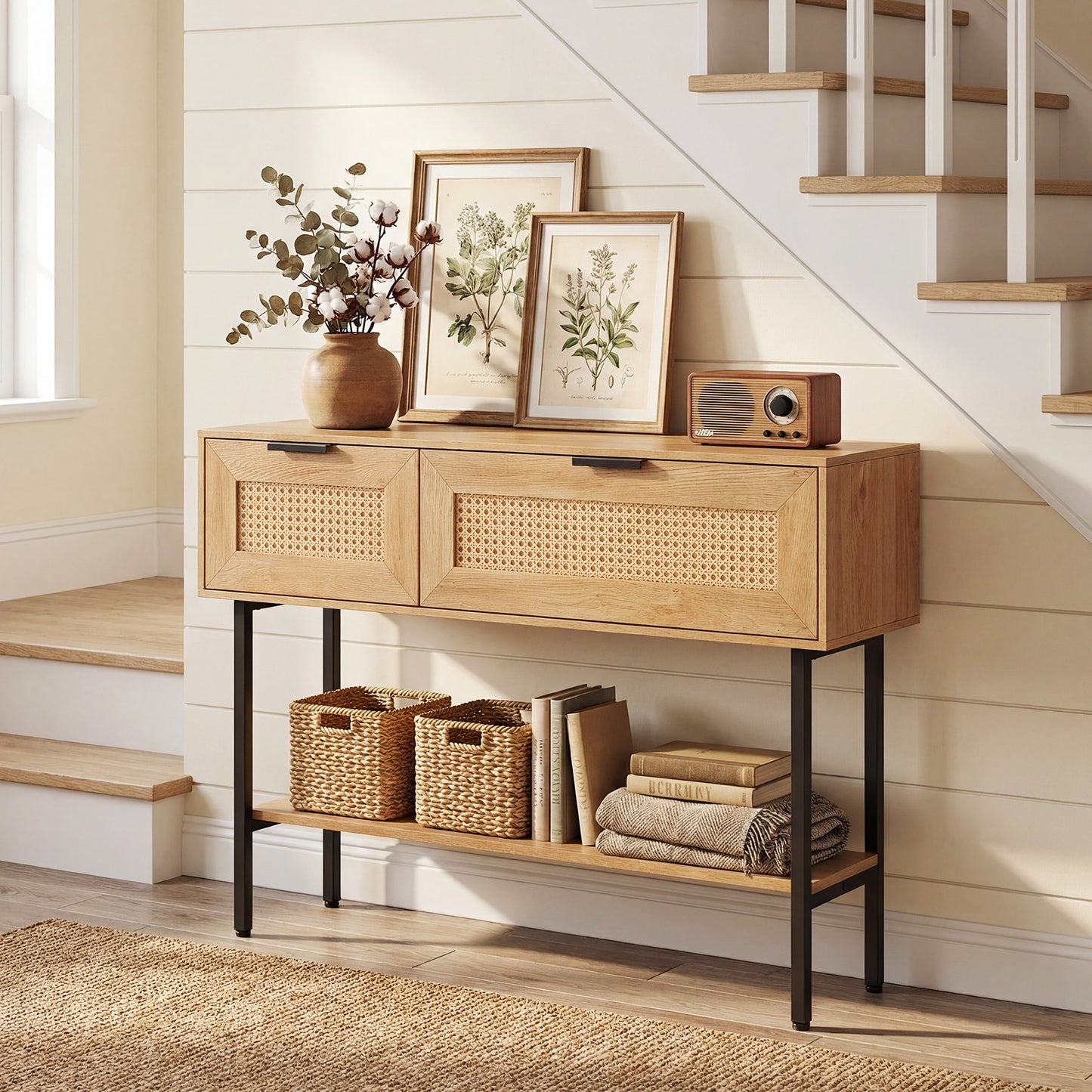Rattan Console Table with 2 Storage Cabinets Shelf Carbon Steel Frame-Black