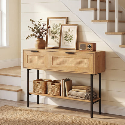 Rattan Console Table with 2 Storage Cabinets Shelf Carbon Steel Frame-Black