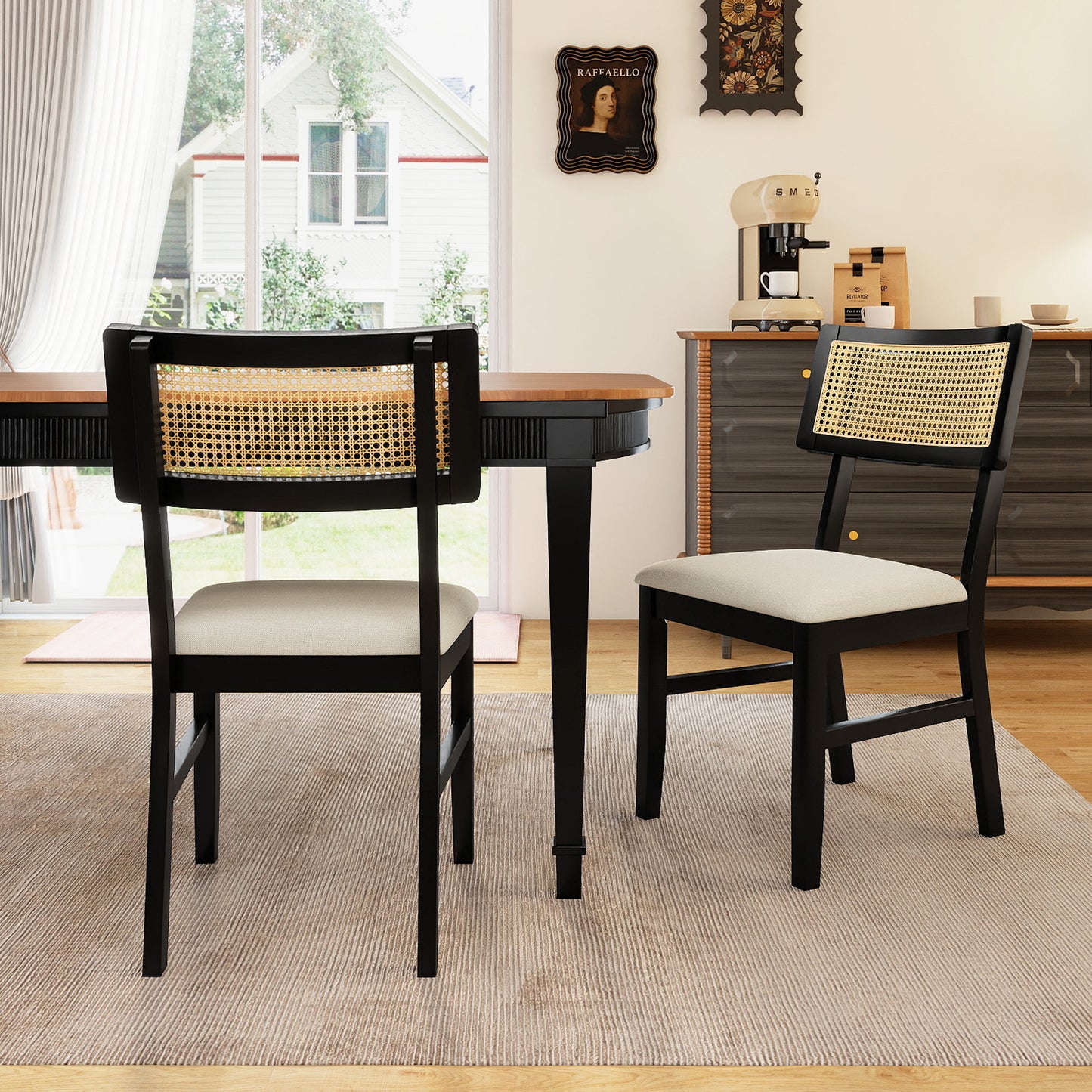 Rattan Dining Chairs Set of 2 Fabric Upholstered Kitchen Chairs with Padded Seat and Rubber Wood Legs-Black