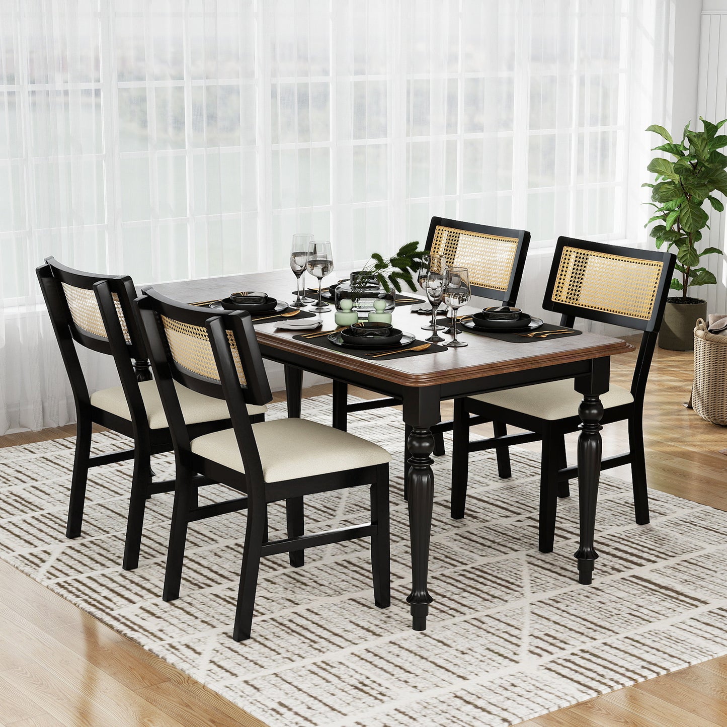 Rattan Dining Chairs Set of 4 Fabric Upholstered Kitchen Chairs with Padded Seat and Rubber Wood Legs-Black