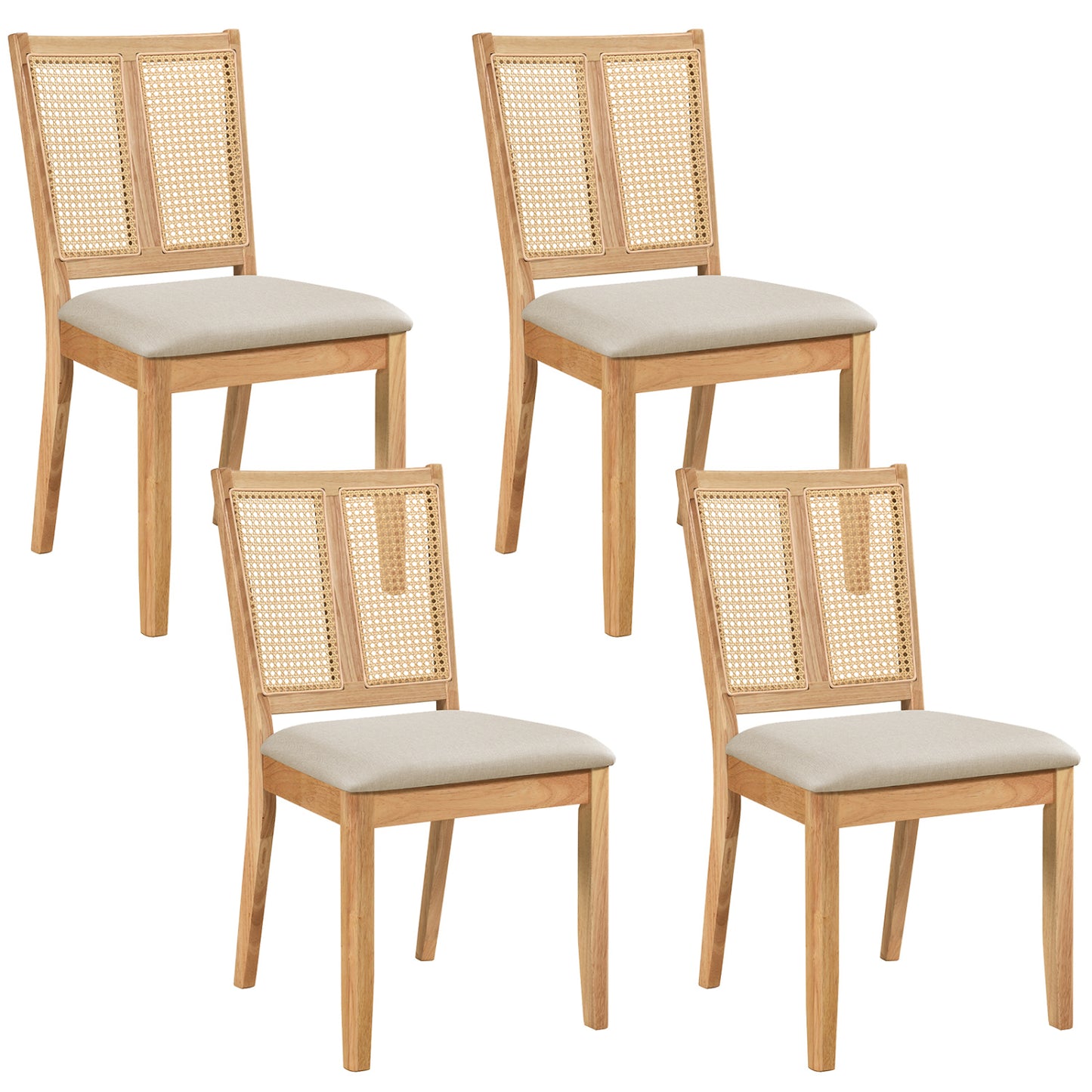Rattan Dining Chairs Set of 4 with Curved Backrest & Padded Seat for Dining Room-Natural