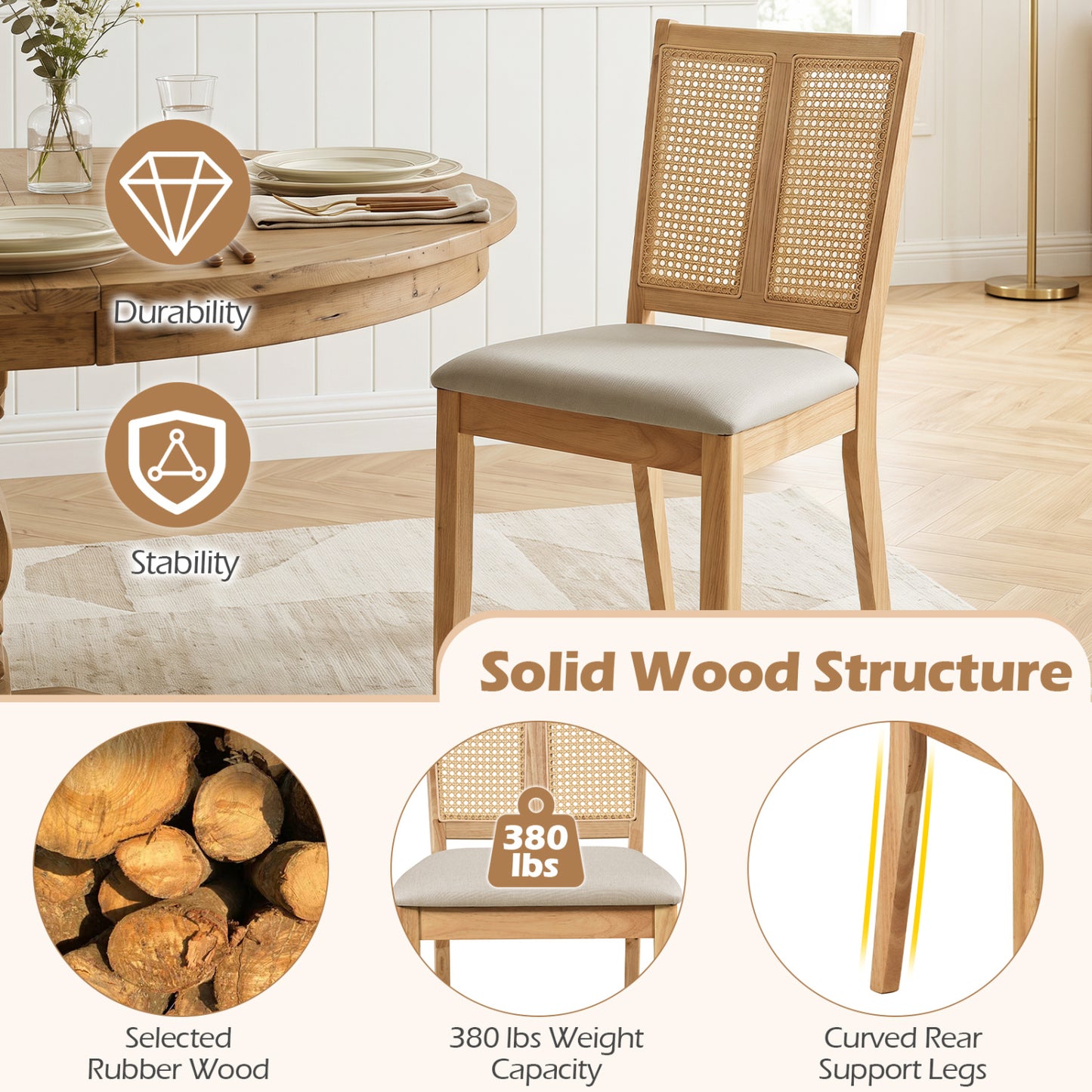 Rattan Dining Chairs Set of 4 with Curved Backrest & Padded Seat for Dining Room-Natural