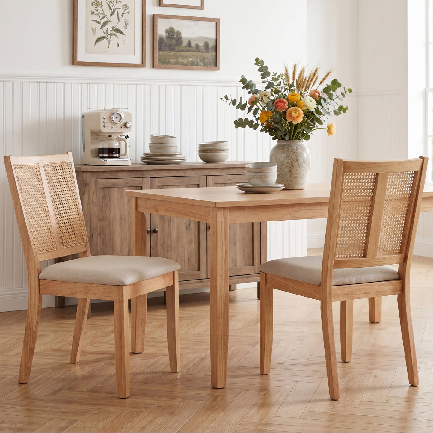 Rattan Dining Chairs Set of 2 with Curved Backrest & Padded Seat for Dining Room-Natural