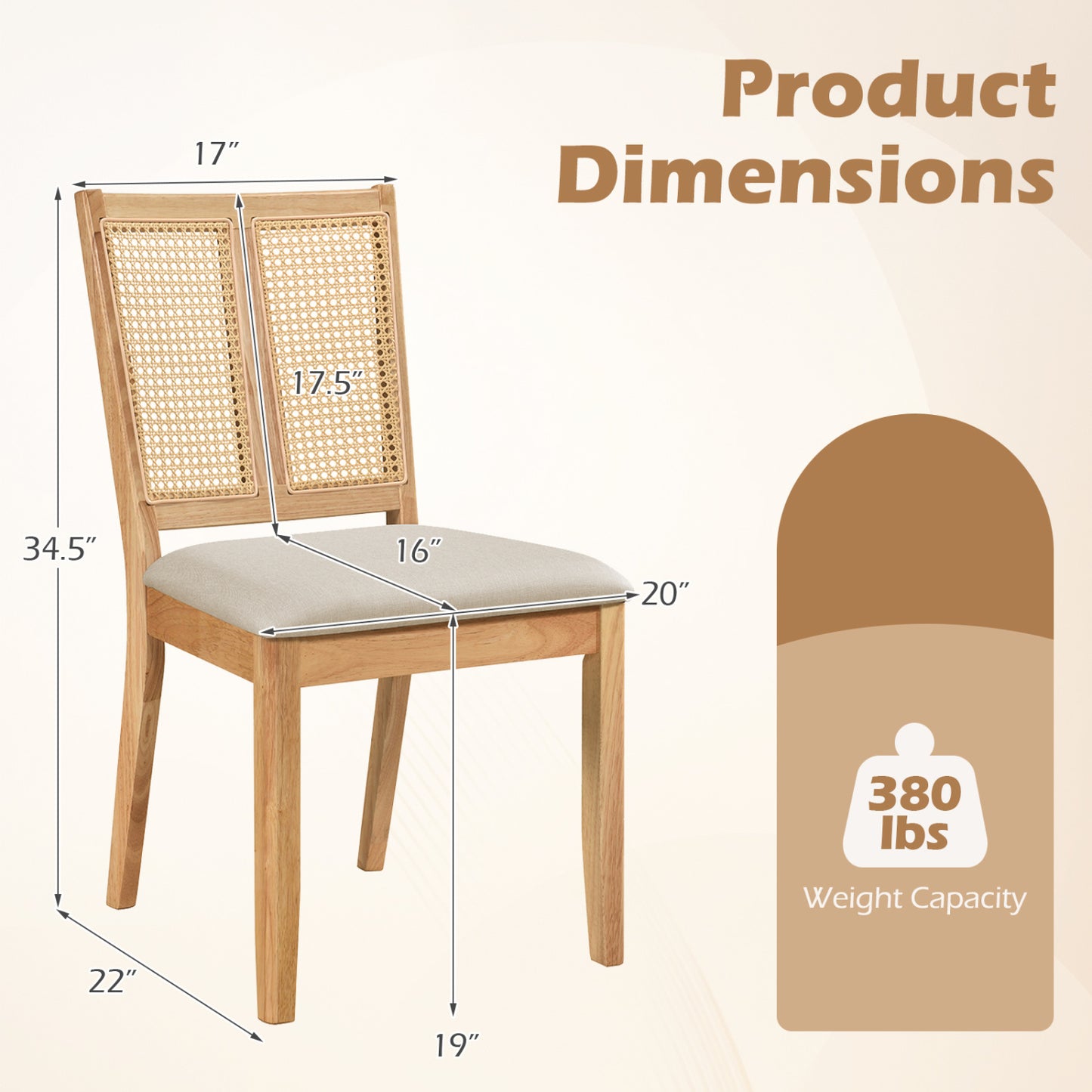 Rattan Dining Chairs Set of 2 with Curved Backrest & Padded Seat for Dining Room-Natural