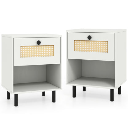 Rattan Nightstand Boho End Table with Rattan Drawer and Open Shelf Set of 2-Natural