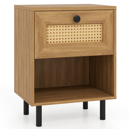 Rattan Nightstand Boho End Table with Rattan Drawer and Open Shelf-Natural