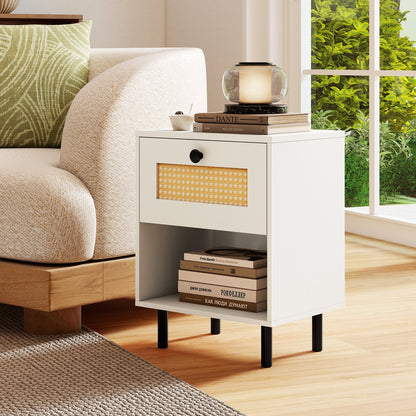 Rattan Nightstand Boho End Table with Rattan Drawer and Open Shelf-Natural