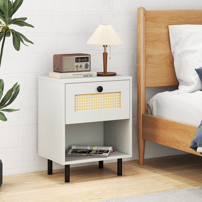Rattan Nightstand Boho End Table with Rattan Drawer and Open Shelf-Natural