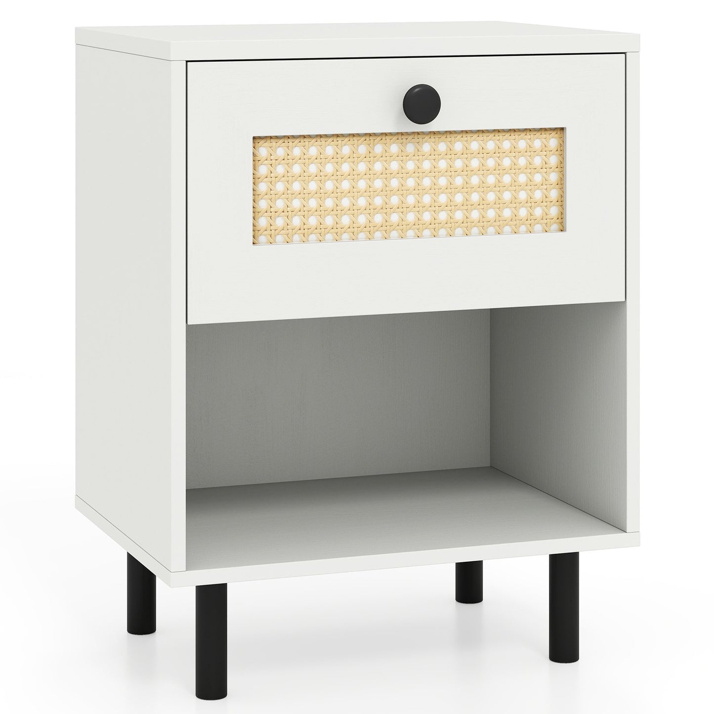 Rattan Nightstand Boho End Table with Rattan Drawer and Open Shelf-Natural