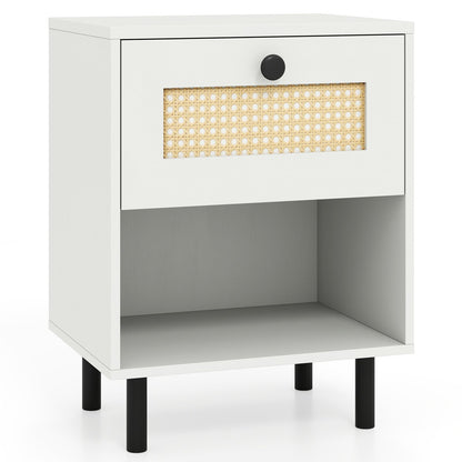 Rattan Nightstand Boho End Table with Rattan Drawer and Open Shelf-Natural