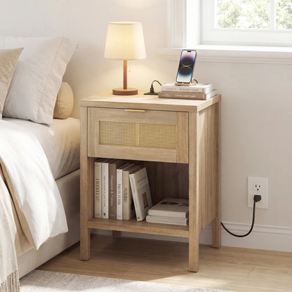 Rattan nightstand with charging station and storage shelf in oak finish, bedroom furniture by Wilsons Home Store.