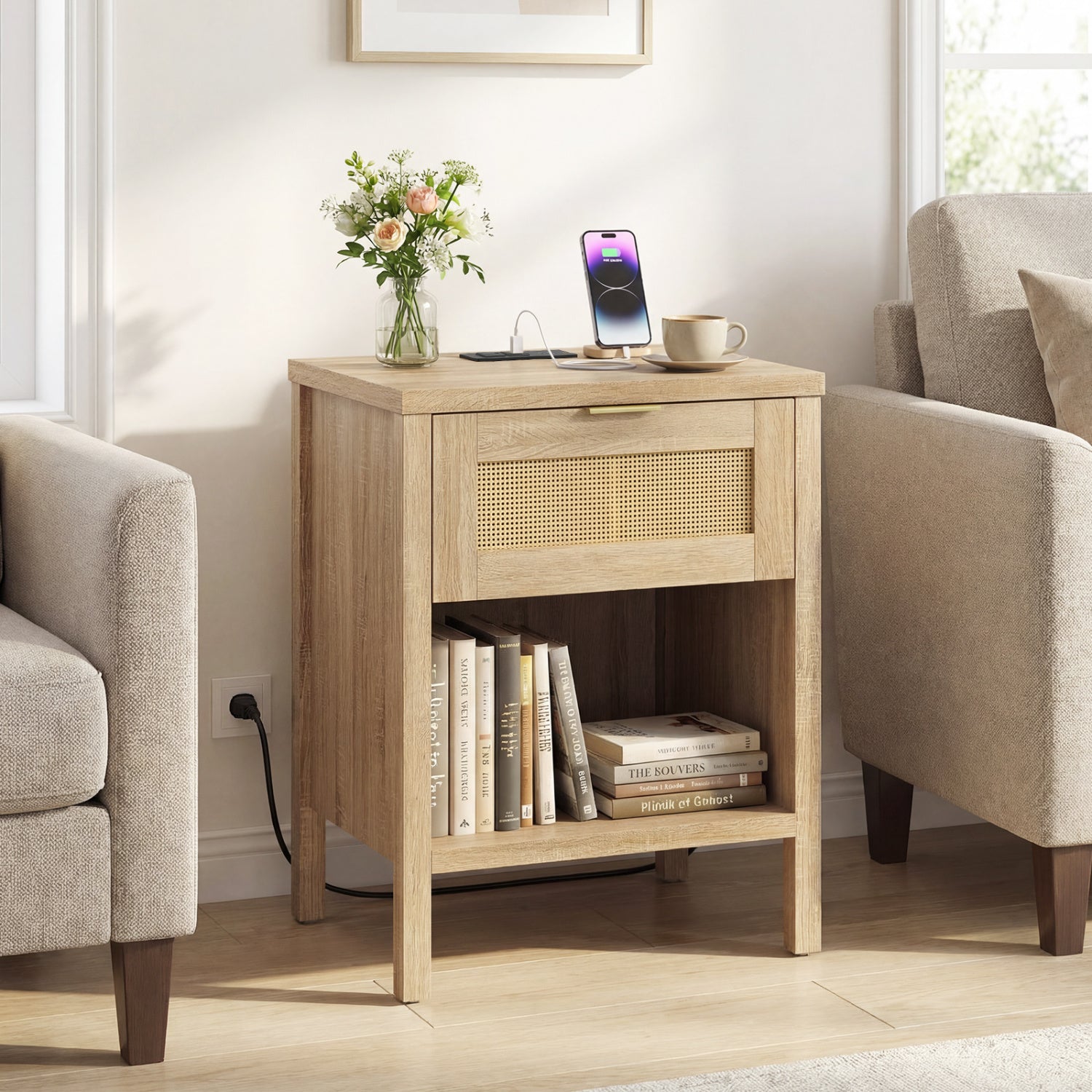 Rattan nightstand with charging station and storage shelf in oak finish, bedroom furniture by Wilsons Home Store