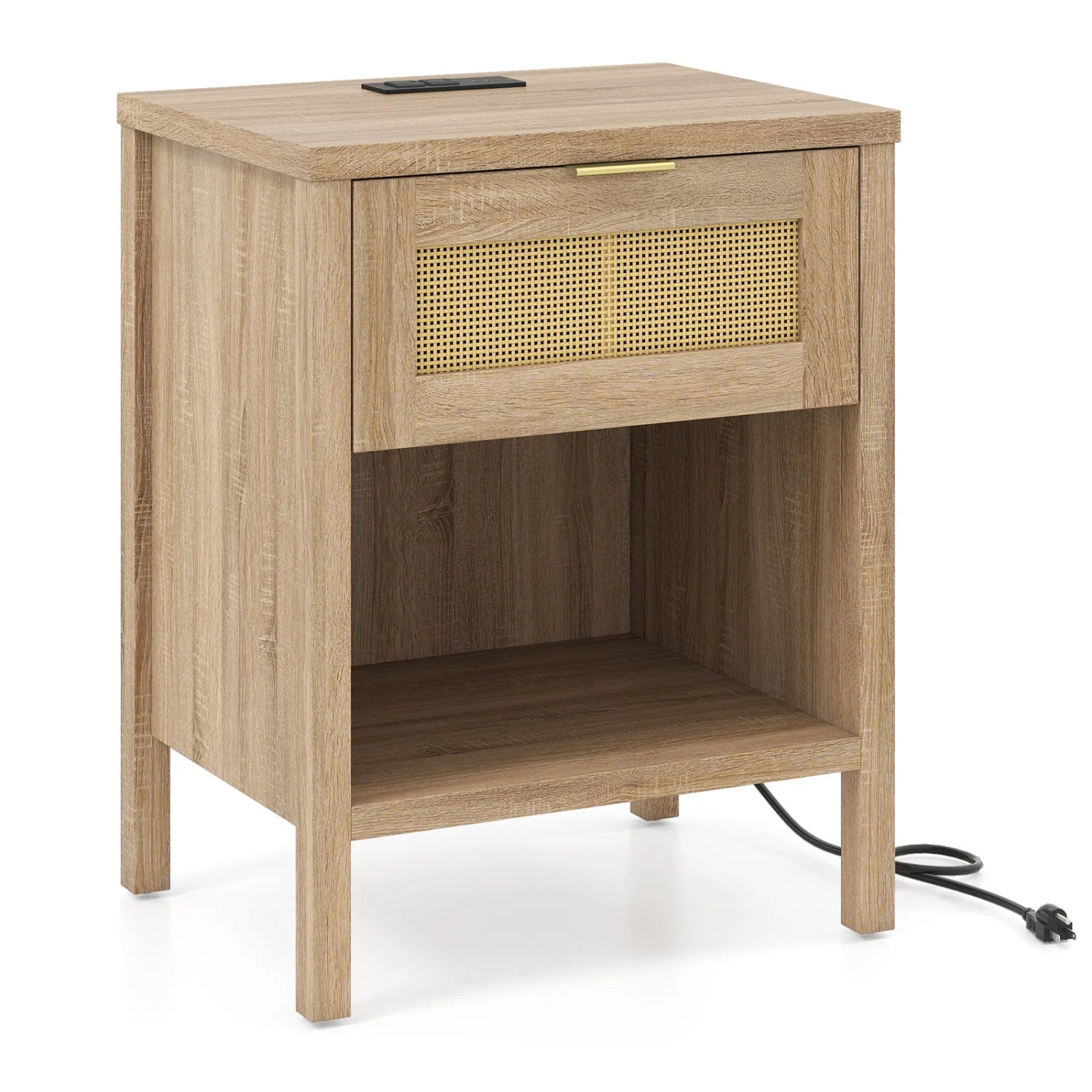 Rattan nightstand with charging station and storage shelf in oak finish, bedroom furniture by Wilsons Home Store