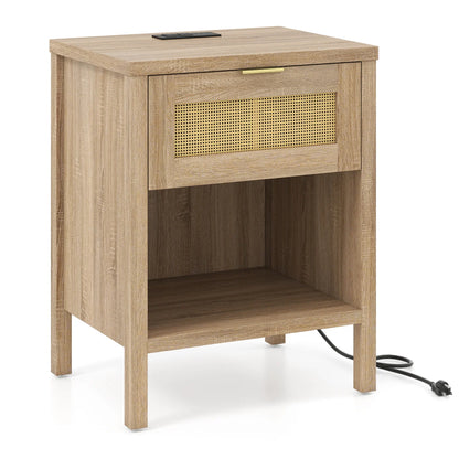 Rattan nightstand with charging station and storage shelf in oak finish, bedroom furniture by Wilsons Home Store