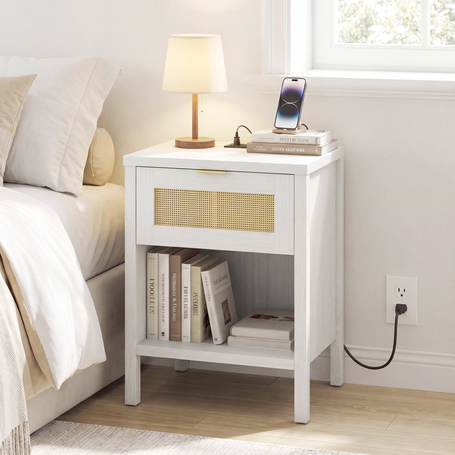Rattan nightstand with charging station and storage shelf in oak finish, modern bedroom furniture by Wilsons Home Store