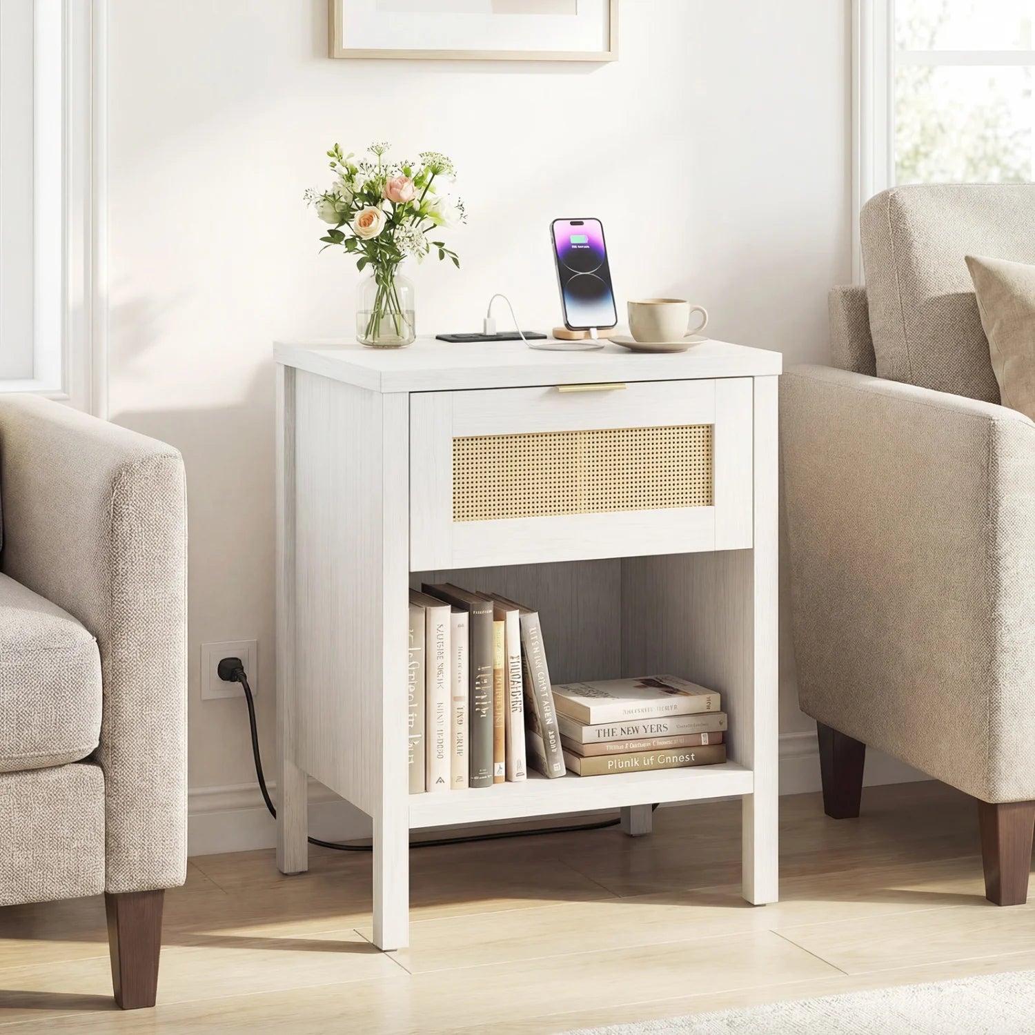 Rattan nightstand with charging station and storage shelf in oak finish, bedroom furniture by Wilsons Home Store