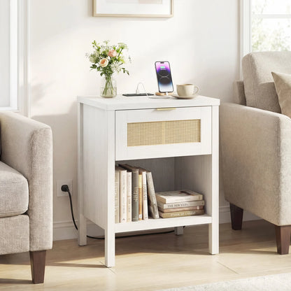 Rattan nightstand with charging station and storage shelf in oak finish, bedroom furniture by Wilsons Home Store