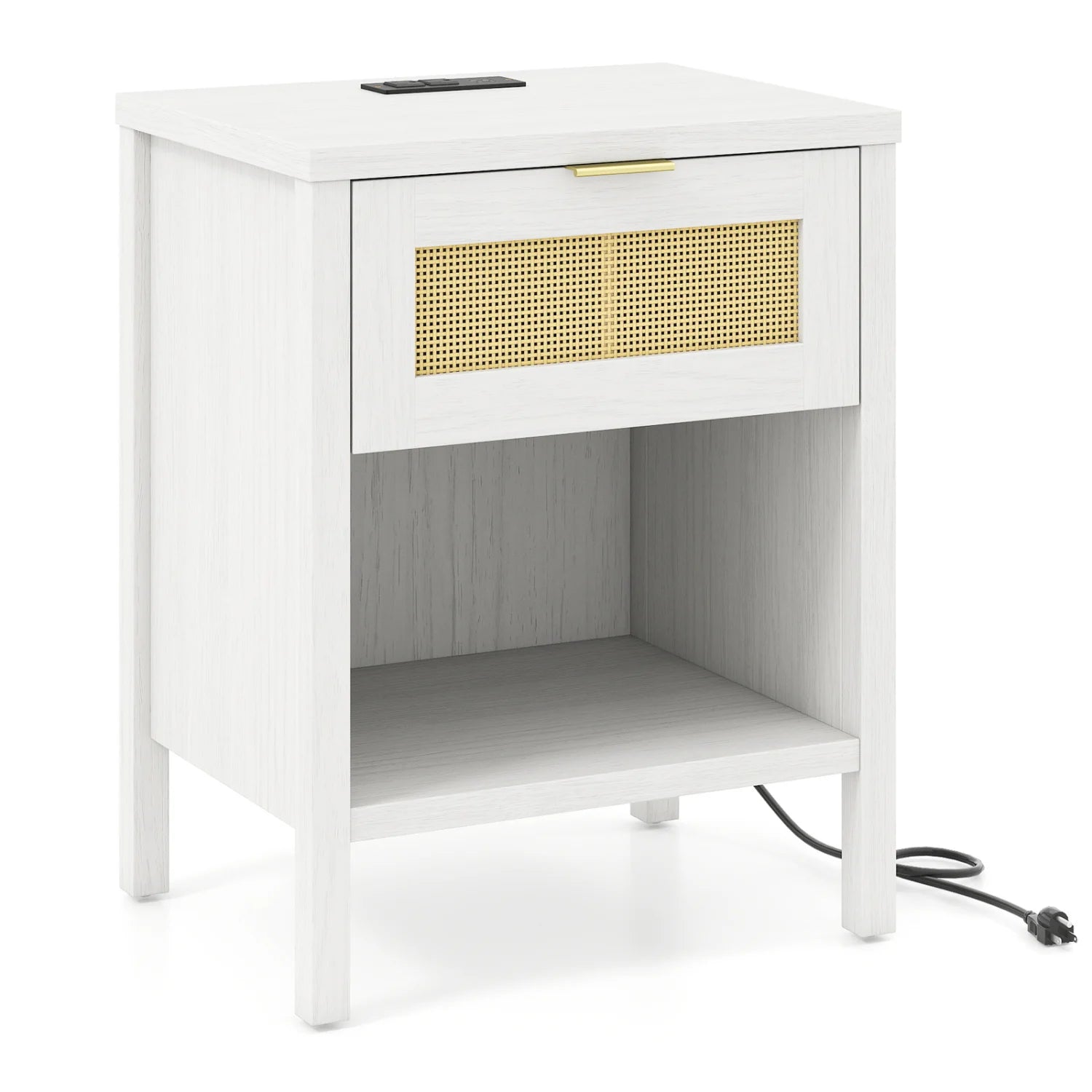 Rattan nightstand with charging station and storage shelf in oak finish, designed for bedroom furniture.