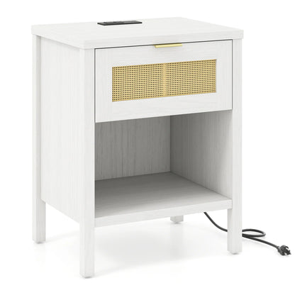 Rattan nightstand with charging station and storage shelf in oak finish, designed for bedroom furniture.