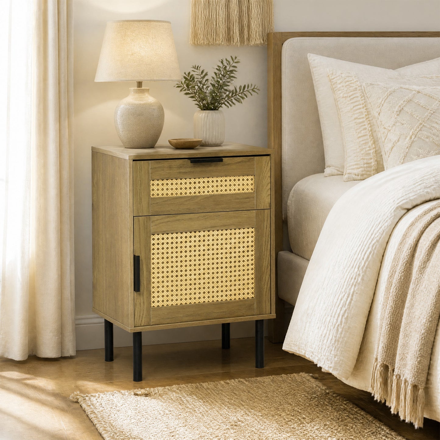 Rattan Nightstand with Drawer and Storage Cabinet for Bedroom Dorm-Black