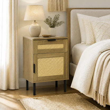 Rattan Nightstand with Drawer and Storage Cabinet for Bedroom Dorm-Black