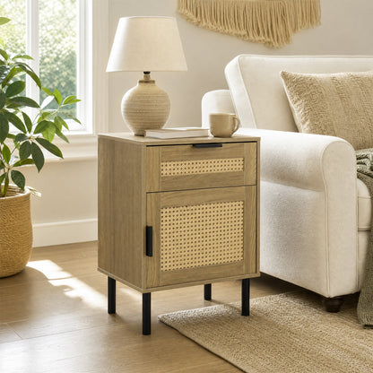 Rattan Nightstand with Drawer and Storage Cabinet for Bedroom Dorm-Black