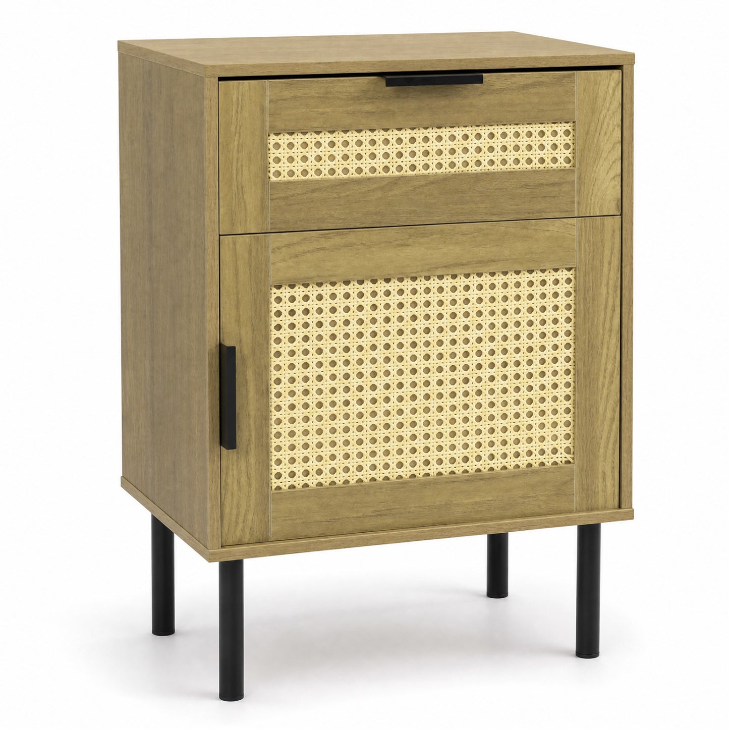 Rattan Nightstand with Drawer and Storage Cabinet for Bedroom Dorm-Black