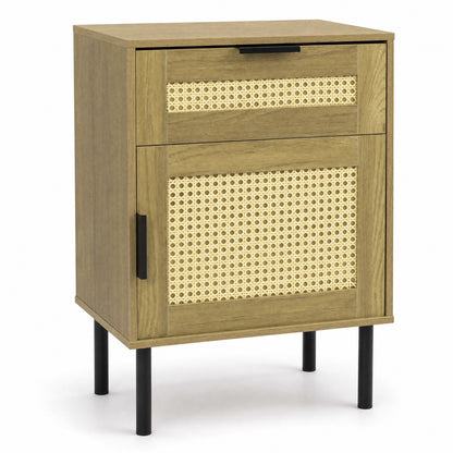 Rattan Nightstand with Drawer and Storage Cabinet for Bedroom Dorm-Black