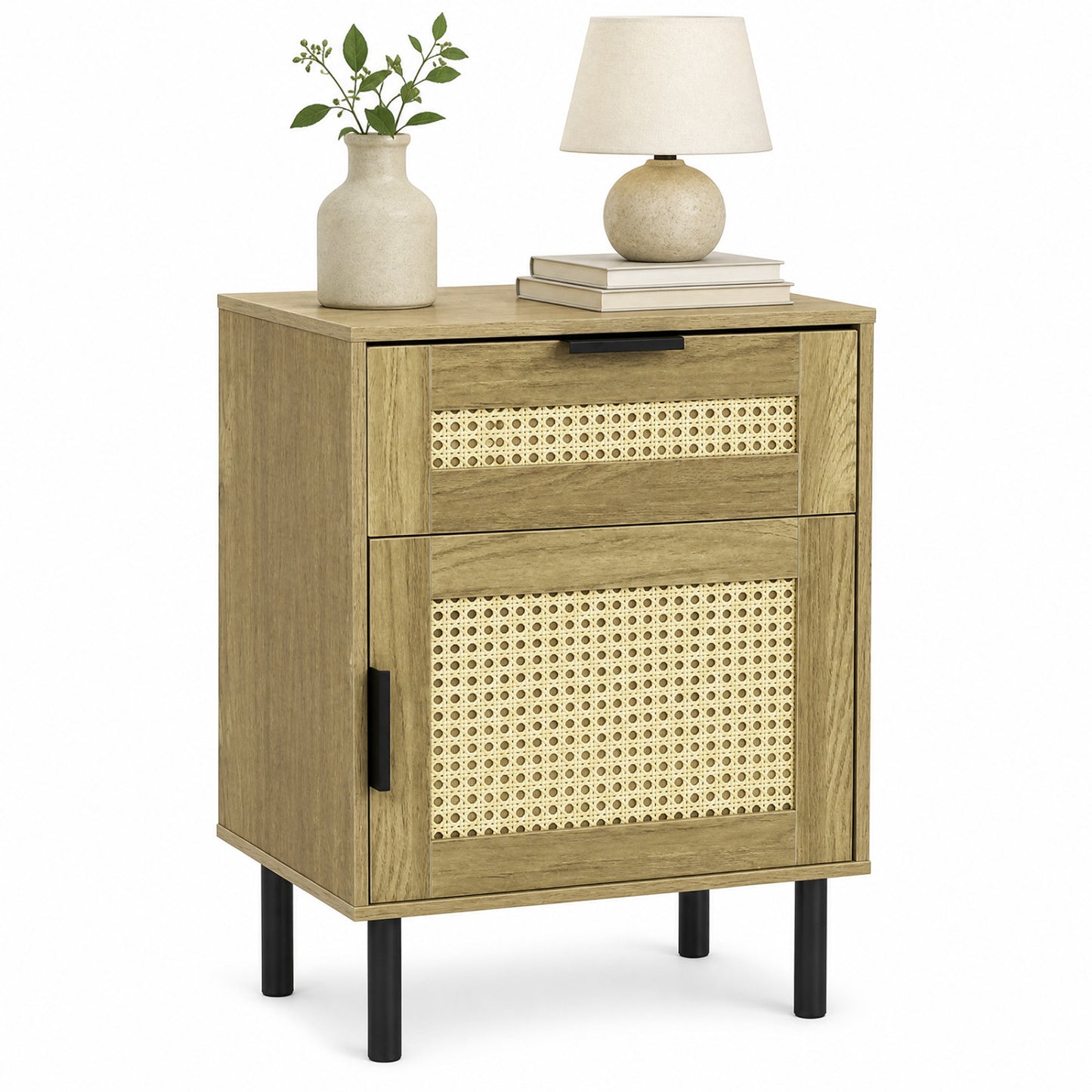 Rattan Nightstand with Drawer and Storage Cabinet for Bedroom Dorm-Black
