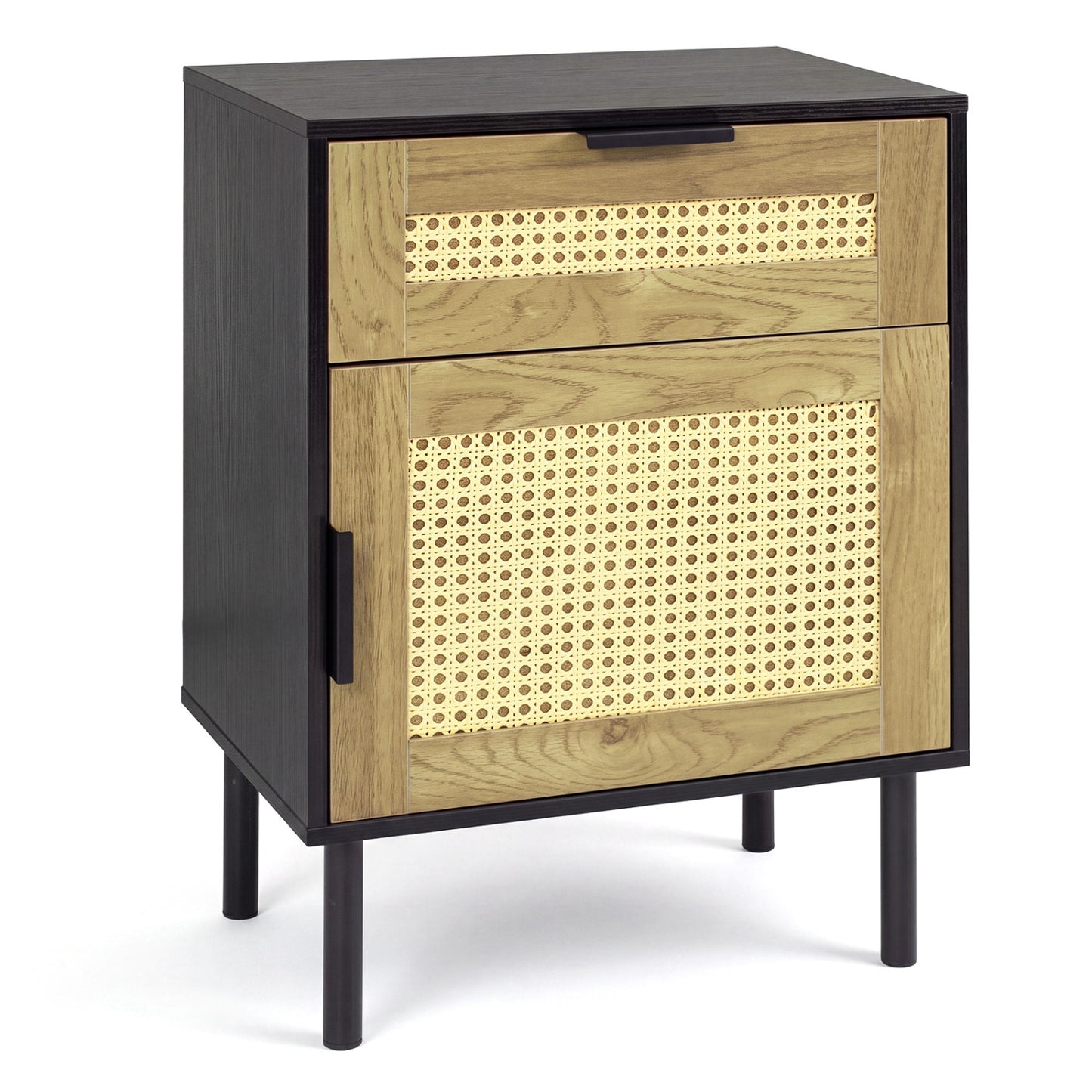 Rattan Nightstand with Drawer and Storage Cabinet for Bedroom Dorm-Black