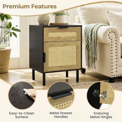 Rattan Nightstand with Drawer and Storage Cabinet for Bedroom Dorm-Black