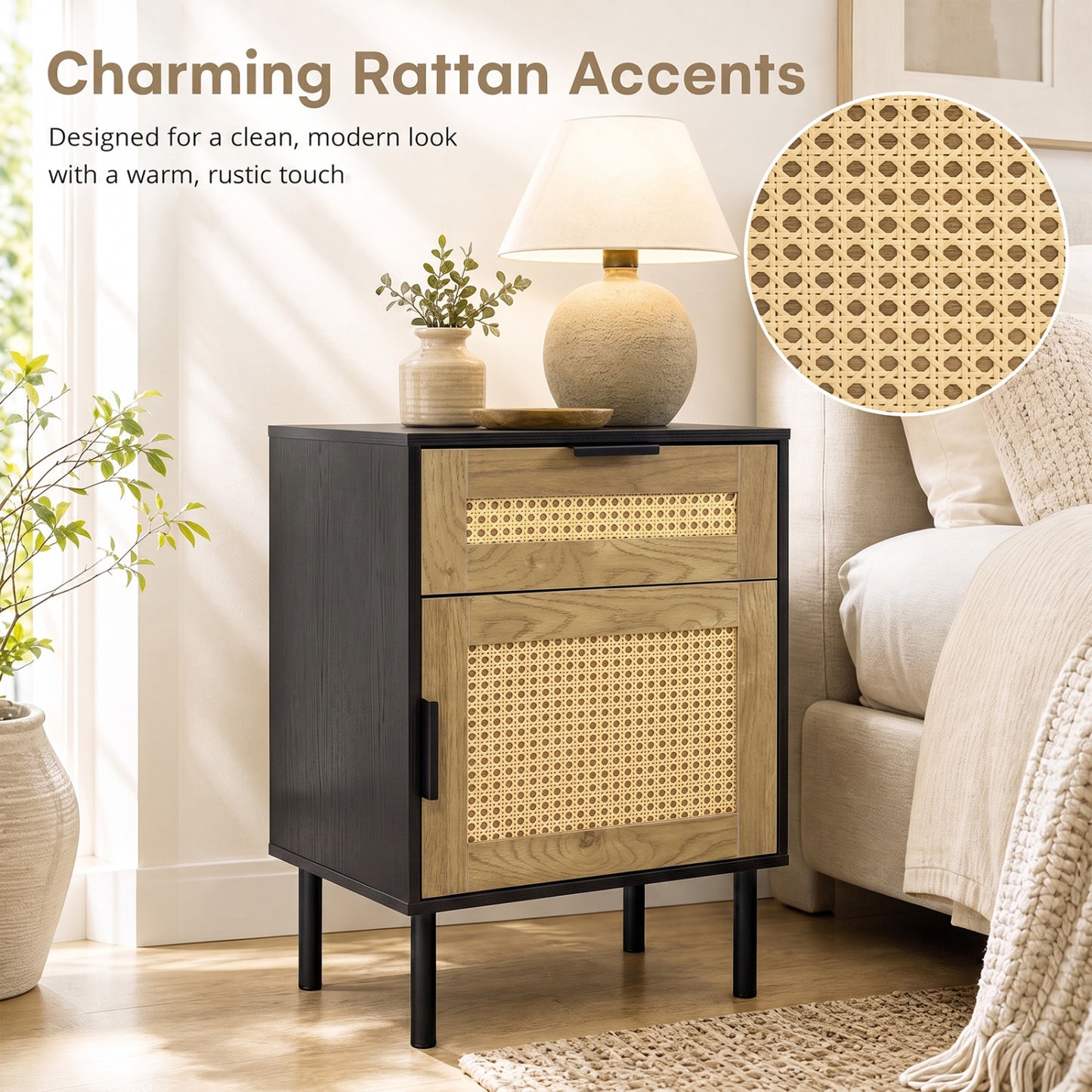 Rattan Nightstand with Drawer and Storage Cabinet for Bedroom Dorm-Black