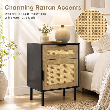 Rattan Nightstand with Drawer and Storage Cabinet for Bedroom Dorm-Black