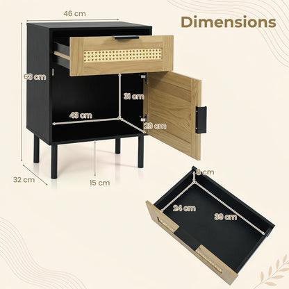 Rattan Nightstand with Drawer and Storage Cabinet for Bedroom Dorm-Black
