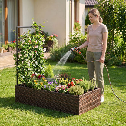 Rattan Raised Garden Bed with Trellis and Open-Ended Base for Patio Backyard Balcony-Brown