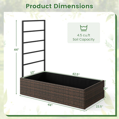 Rattan Raised Garden Bed with Trellis and Open-Ended Base for Patio Backyard Balcony-Brown