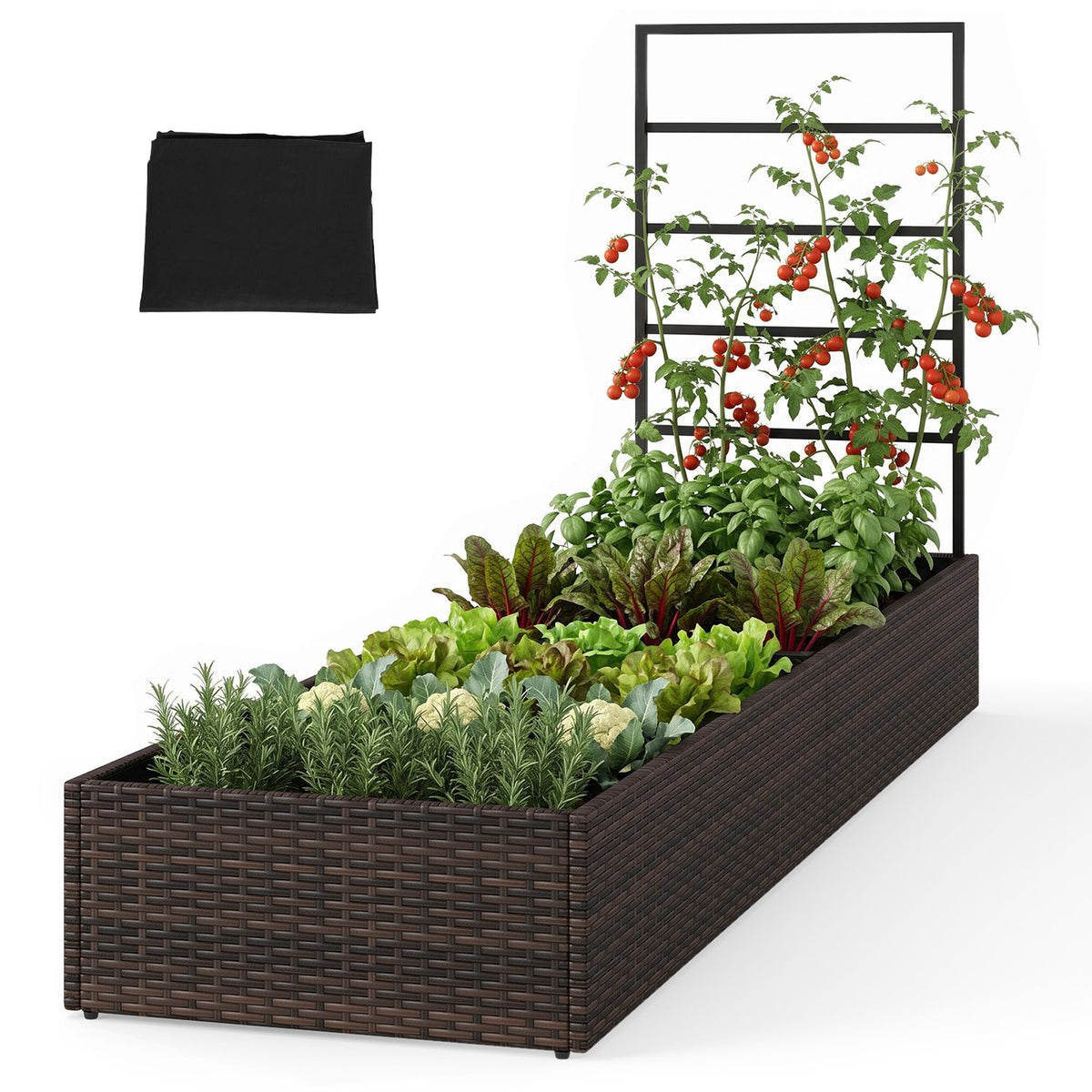 Rattan Raised Garden Bed with Trellis and 2 Planter Boxes-Brown