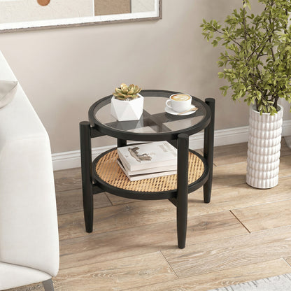 Black rattan round side end table with tempered glass tabletop, modern furniture piece for living room decor