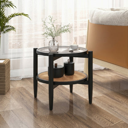 Black rattan round side end table with tempered glass tabletop, perfect for living room decor.