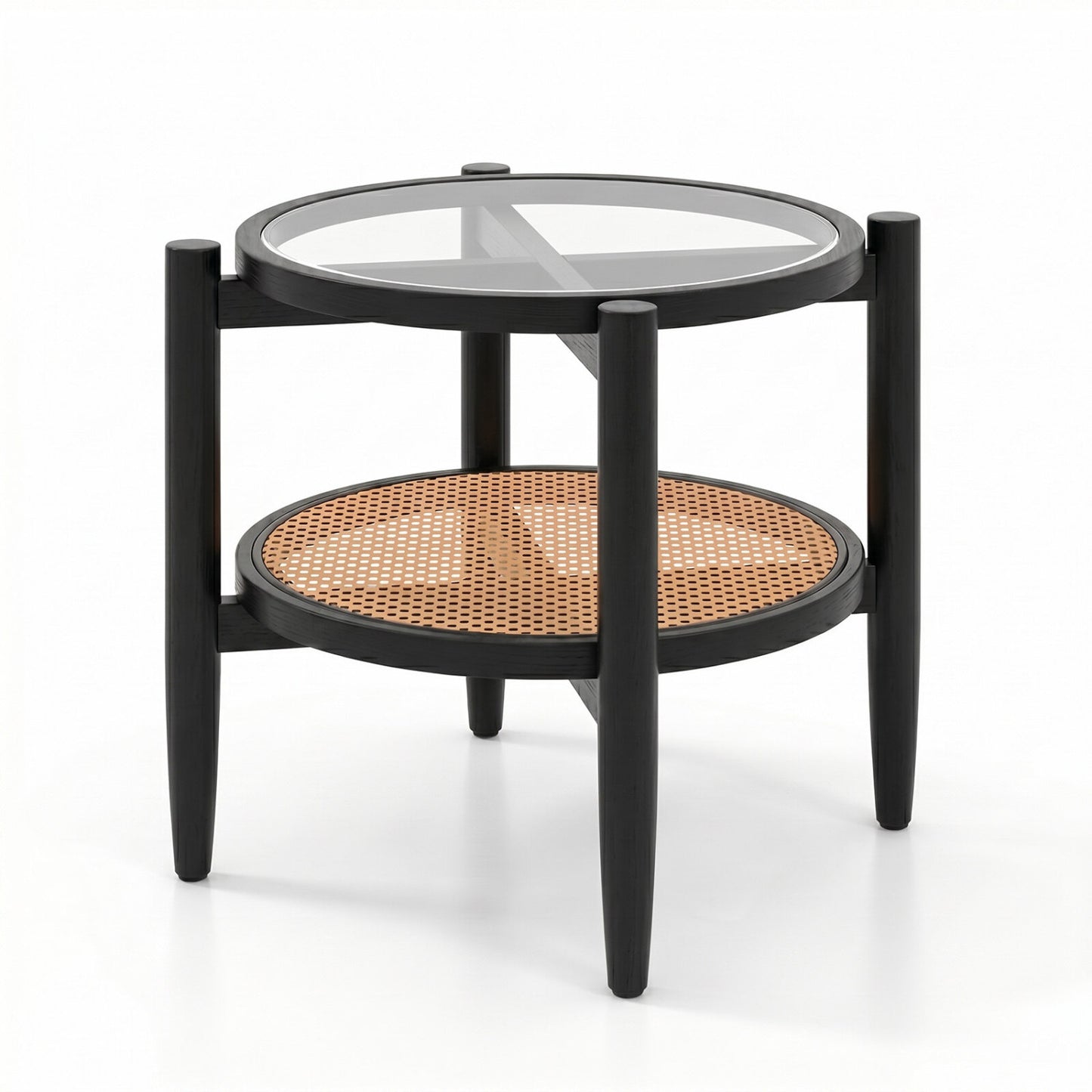 Rattan round side end table with black finish and tempered glass tabletop, suitable for living room decor.