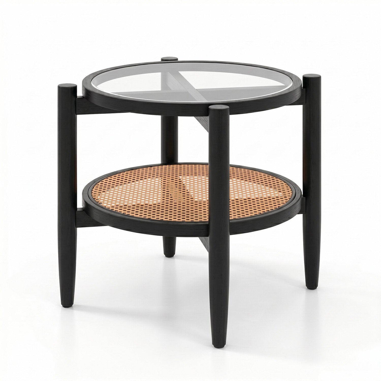 Rattan round side end table with black finish and tempered glass tabletop, suitable for living room decor.