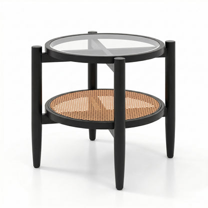 Rattan round side end table with black finish and tempered glass tabletop, suitable for living room decor.
