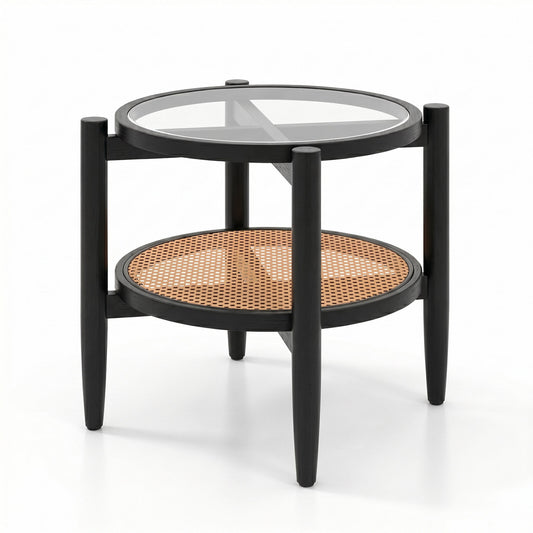 Rattan round side end table with black finish and tempered glass tabletop, suitable for living room decor.